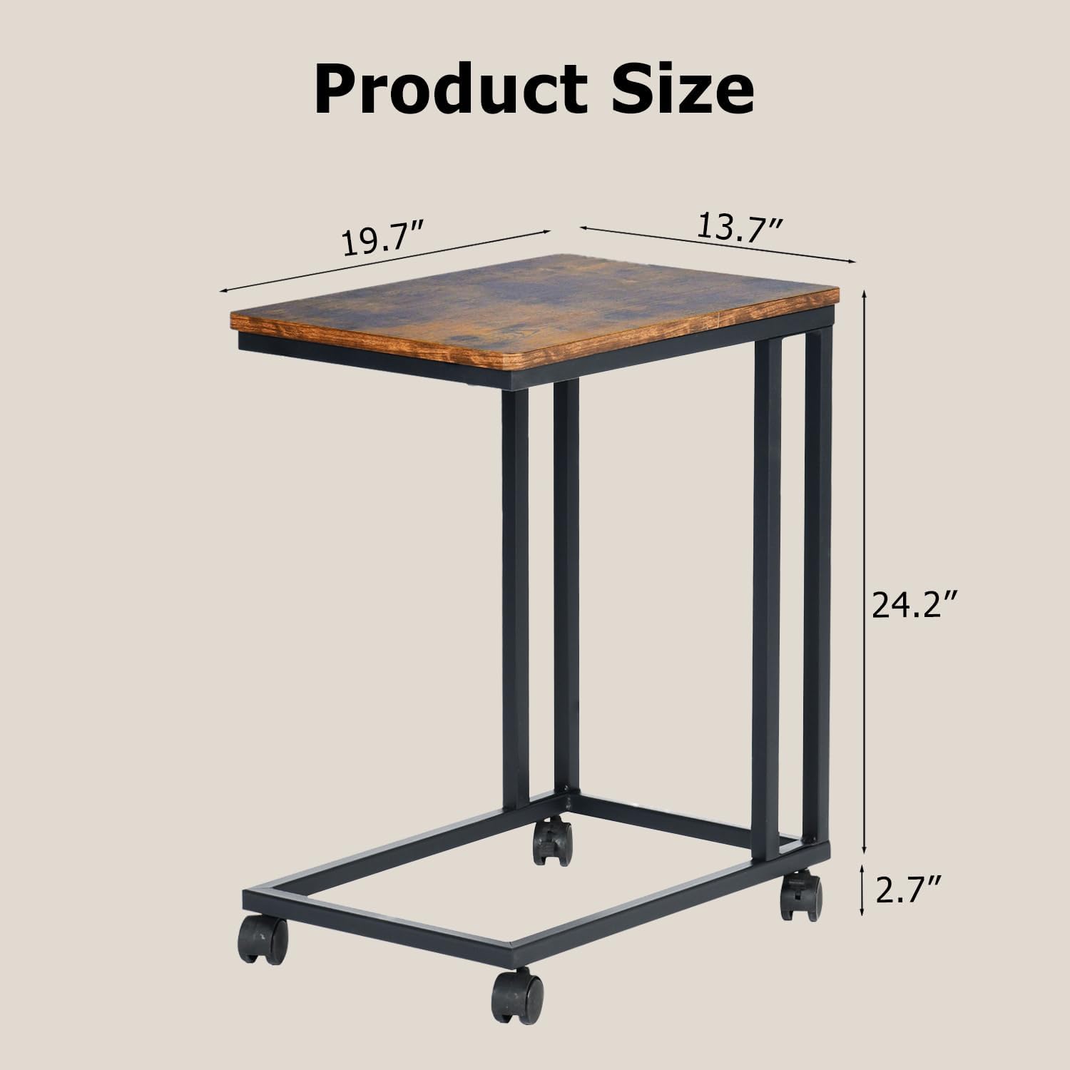 FurnitureR End Table C Shaped, Snack Side Table with Rolling Wheels for Sofa Couch and Bed, Portable, Easy Assembly, Metal Frame, Rustic Brown