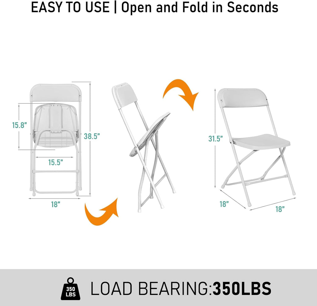 100 Pack White Plastic Folding Chairs,Steel Frame,350lb | HDPE plastic and steel frames;foldable,stackable chairs for indoor and outdoor weddings,parties,offices and events.