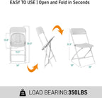 100 Pack White Plastic Folding Chairs,Steel Frame,350lb | HDPE plastic and steel frames;foldable,stackable chairs for indoor and outdoor weddings,parties,offices and events.