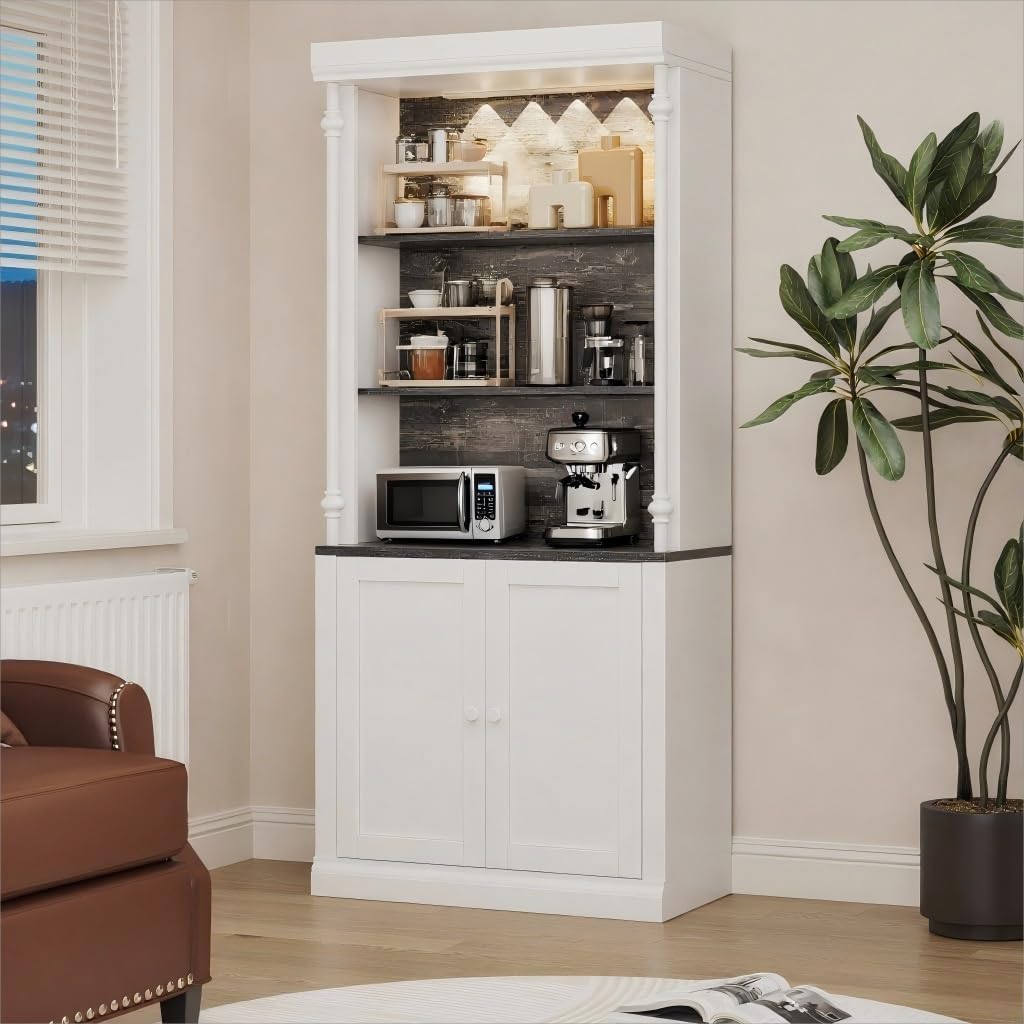 GAOMON 71" Tall Pantry Cabinet with LED Lights, Freestanding Storage Cabinets with Hutch, Kitchen Pantry with 2 Doors and Adjustable Shelves for Dining Room, Living Room