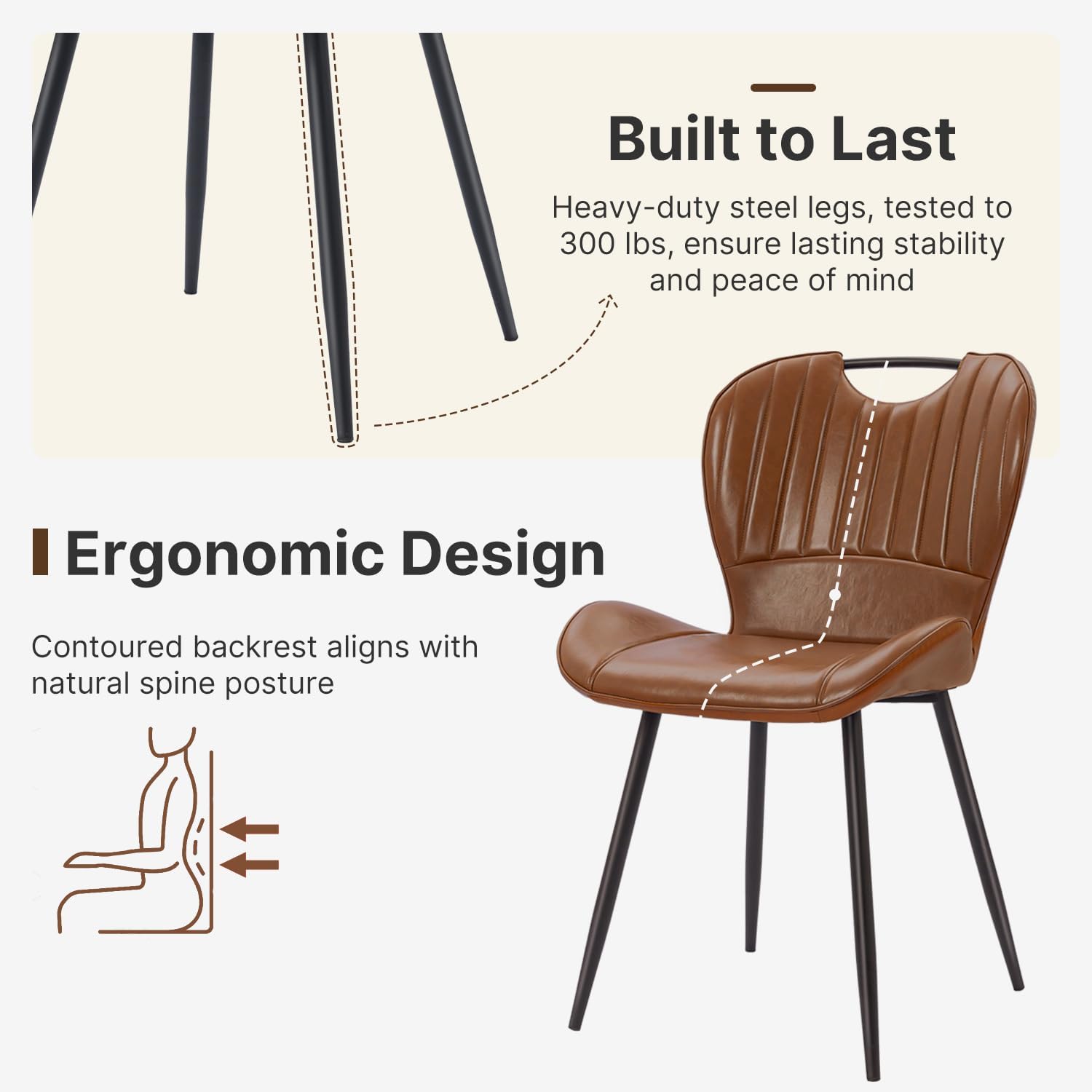 Dining Room Chairs Set of 4, Modern Kitchen Room Sets for Dinner, Comfortable Dining Chair with Metal Legs, Ergonomic Backrest, Minimalist Faux Leather Funiture Used for Home Kitchen, Resturant, Brown
