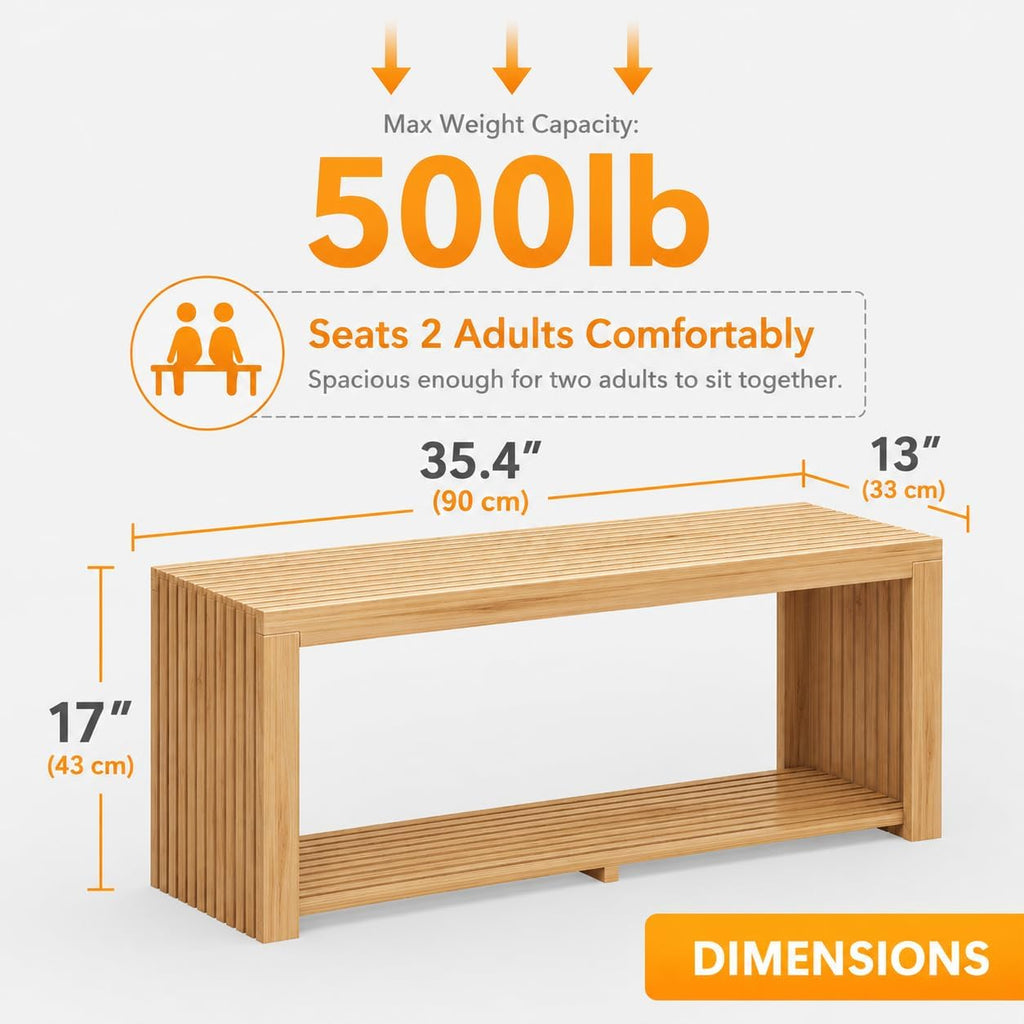 Bamboo Bench with Shelf, 35-in Entryway Bench Seat for Indoor, Natural | shoe bench for entryway, hallway, doorway, modern benches for end of bed bench, low bench for window