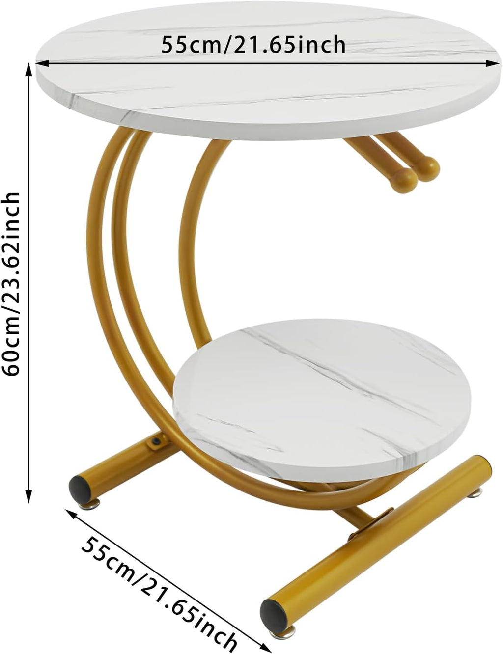 Round End Table, 2-Tier Side Table with Storage Shelves, Small Bedside Table with Arc-Shaped Frame, Wooden Vintage End Tables for Living Room Bedroom, 23.62in Height (Gold Frame + White Board)