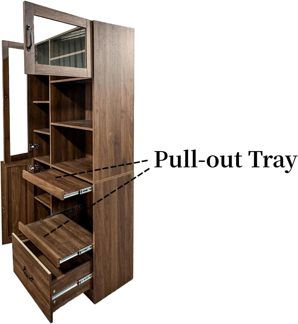 JOYSOURCE Tall Kitchen Hutch Cabinet with Pull-Out Shelves, Storage Drawer, Glass Doors Freestanding Pantry Large Kitchen Cupboard for Dining Room with Microwave Countertop Walnut Finish