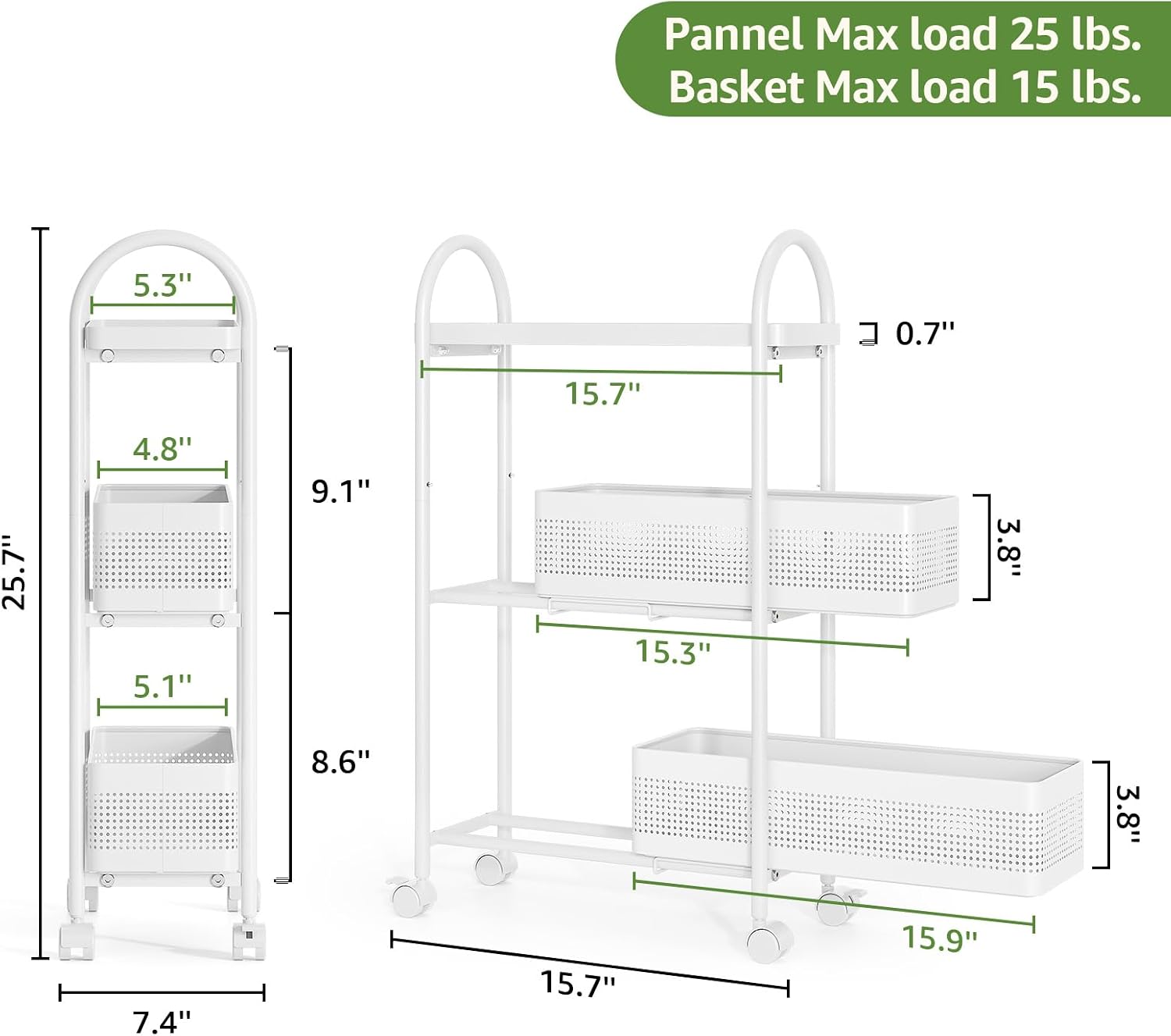 KINGRACK 3 Tier Slim Rolling Cart with Drawer, Metal Utility Storage Cart | 2 Pull-out Baskets, Lockable Wheels, Narrow Space Trolley Organizer for Bathroom, Kitchen, Office, Dorm, Laundry Room, White