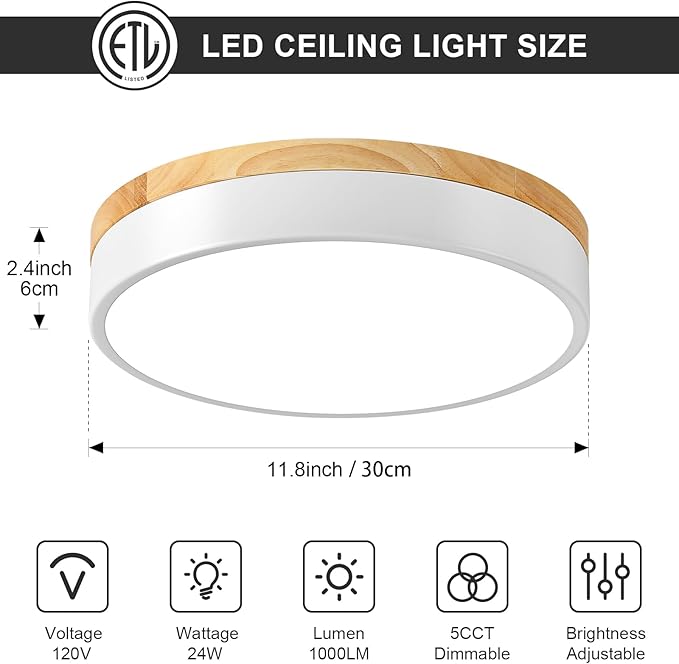 Dimmable Wood LED Ceiling Light Fixture, White Round Low Profile Flush Mount Lighting, Modern 5CCT 2700K-6000K Ceiling Lamp for Laundry Room Hallway Kitchen Bedroom, 11.8in