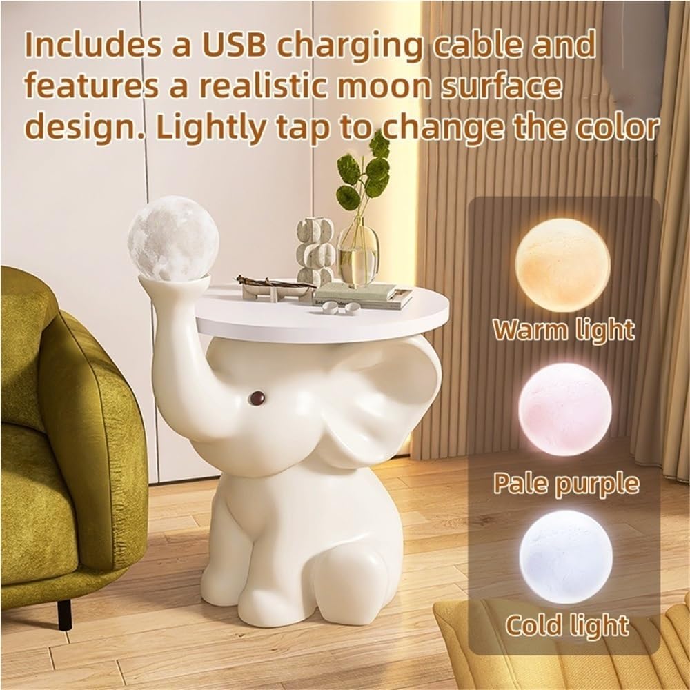 Resin Coffee Table, Elephant Shaped Side Table, Decorative Table with LED Lights, Nightstand with Wooden Tray, for Living Room, Bedroom(16.1x21.2in)