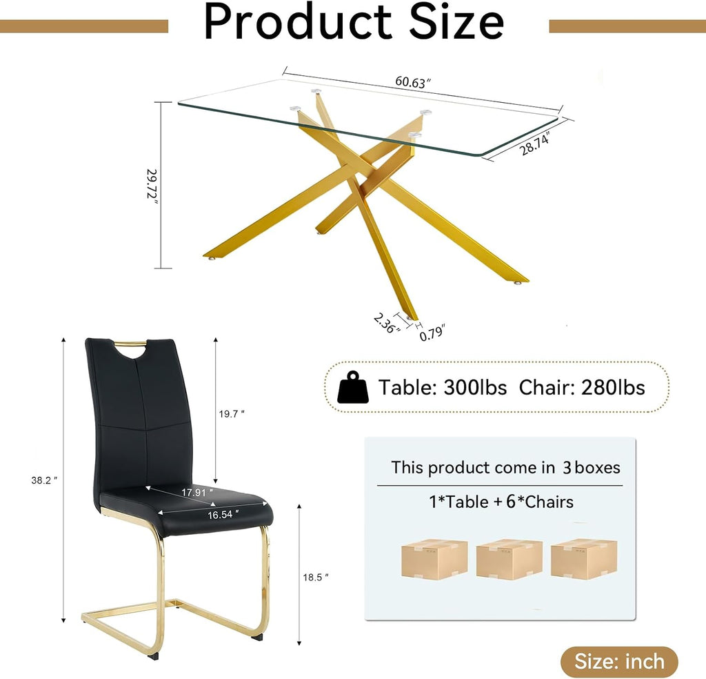 Henf Glass Dining Table Set for 6, 7 Piece Modern Kitchen Table and Chairs for 6,Gold Dining Room Table Set with 61" Glass Dinner Table & 6 Black Faux Leather Chairs for Small Space,Home, Apartment