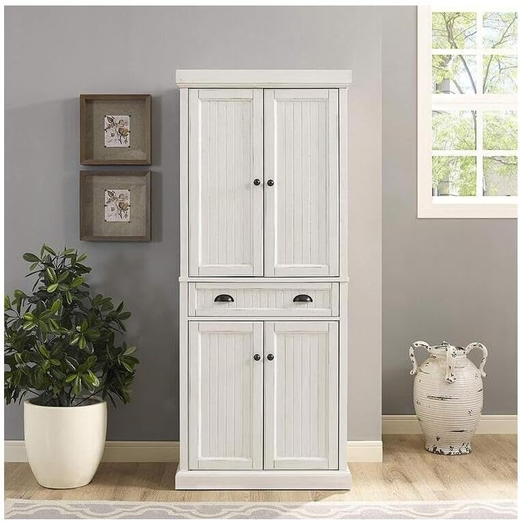 HomeStock Kitchen Pantry Cabinet - Large Storage, Adjustable Shelves, Distressed White Finish