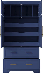 Farmhouse Kitchen Pantry Cabinet, Tall Freestanding Cupboard with Pull-Out Trays, Drawers and Cake Pan Storage Organizer for Kitchen, Dining Room (Blue)