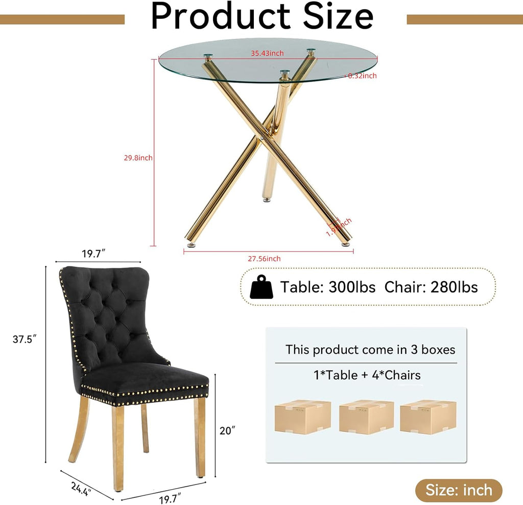 36" Luxury Gold Glass Dining Room Table Set for 4, 5-Piece Round Kitchen Dining Table Set with Cross Metal Legs and 4 Black Velvet Upholstered Chairs, Glass Kitchen Table & Chairs Set