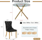 36" Luxury Gold Glass Dining Room Table Set for 4, 5-Piece Round Kitchen Dining Table Set with Cross Metal Legs and 4 Black Velvet Upholstered Chairs, Glass Kitchen Table & Chairs Set