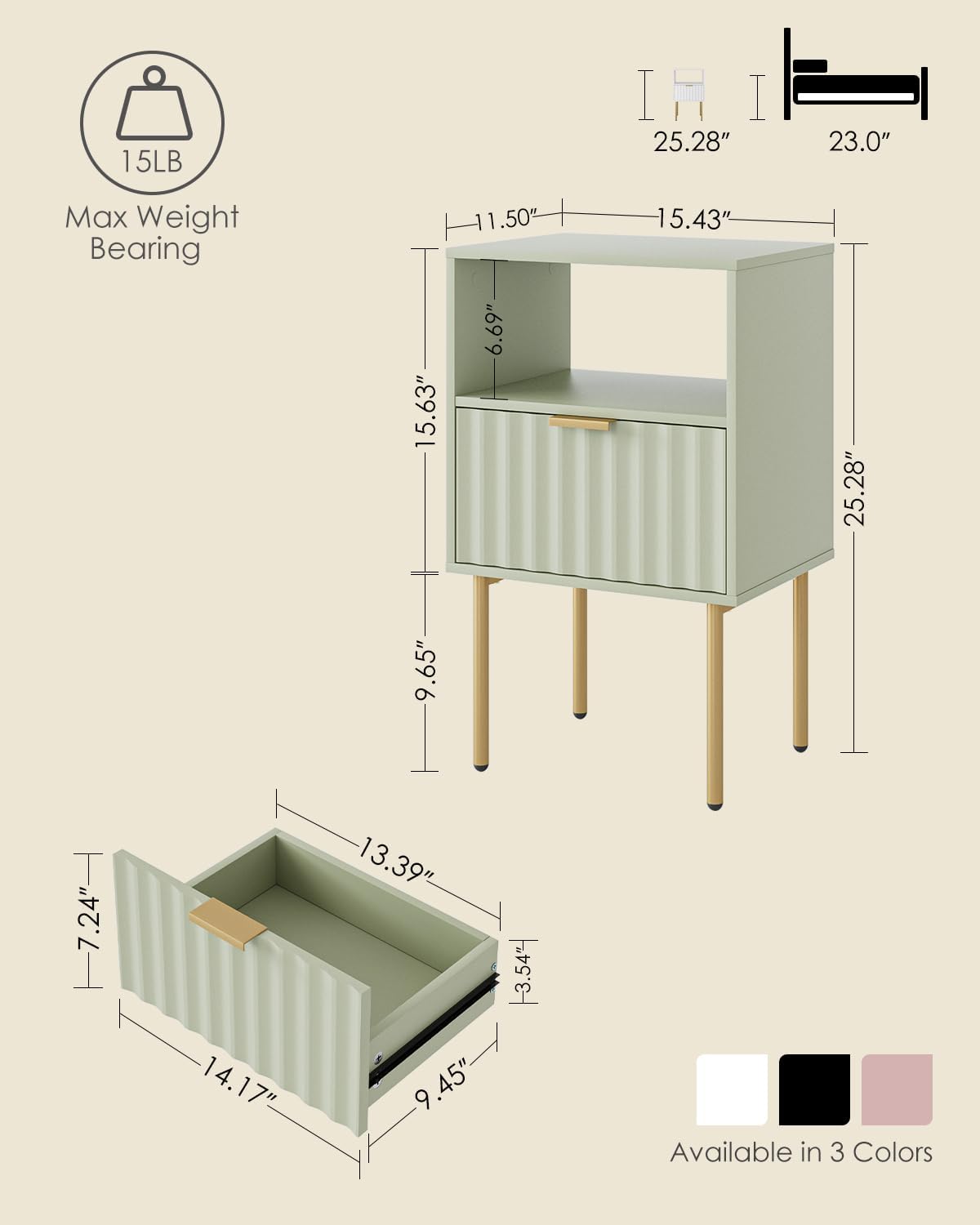 Nightstand,Modern Bedside Table with Gold Frame,Night Stand,Bedside Furniture, Modern Side Table with Drawer and Shelf for Bedroom,Living Room (Green)