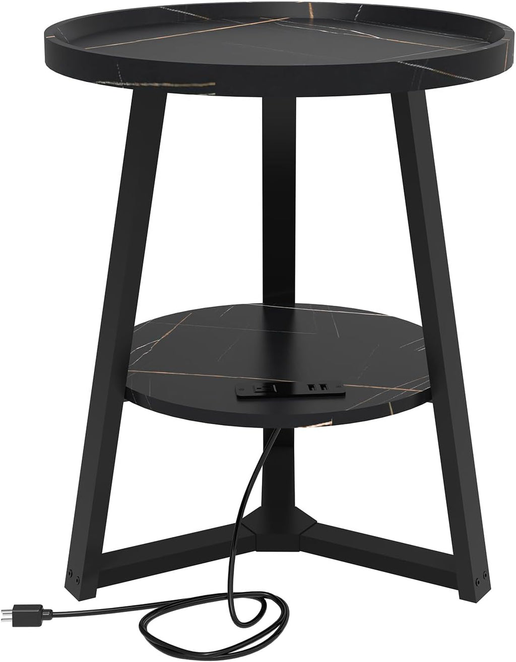 KJGKK Round End Table with Charging Station, 19.7" Dia x 23.63" H, Side Table with Storage Shelf, for Living Room, Bedroom, Faux Marble Top, Black