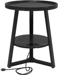 KJGKK Round End Table with Charging Station, 19.7" Dia x 23.63" H, Side Table with Storage Shelf, for Living Room, Bedroom, Faux Marble Top, Black