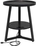 KJGKK Round End Table with Charging Station, 19.7" Dia x 23.63" H, Side Table with Storage Shelf, for Living Room, Bedroom, Faux Marble Top, Black