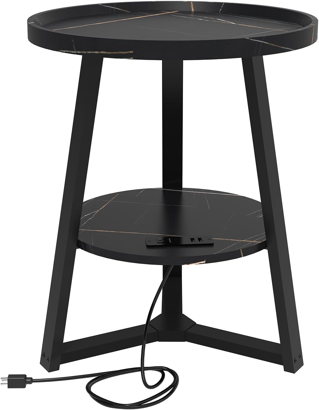 KJGKK Round End Table with Charging Station, 19.7" Dia x 23.63" H, Side Table with Storage Shelf, for Living Room, Bedroom, Faux Marble Top, Black