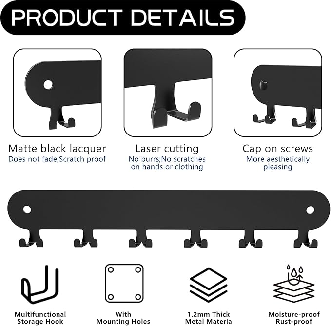 2 Pack Key Holder for Wall,Key Hooks,Key Holder Wall Mount Self Adhesive, Key Rack Wall Mount for Wall No Drill for Living Room, Kitchen, Bathroom, Garage (Black, 12 Hooks)