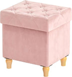 CAROLMADE Folding Storage Ottoman Cube Velvet Footstool with Wood Legs Ottoman Footrest for Living Room and Bedroom Pink, 15"x12.6"x15.4"