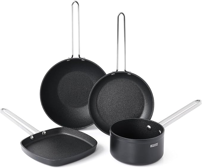 THE ROCK Single Serve Nonstick Pots and Pans Set, 4pc Portion Control Cookware Set with Rock.Tec, Scratch/Stain/Crack Proof, Oven & Dishwasher Safe, Perfect for Dorm, Camping & Small Kitchens, Black
