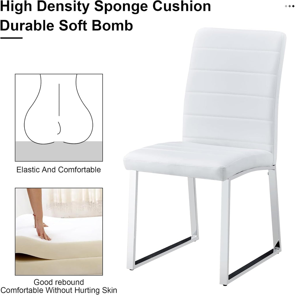Modern Dining Chairs Set of 4, White Faux Leather Kitchen Chairs, Upholstered Armless Dining Room Chair with Silver Mental Legs Heavy Duty, Comfortable (White Chairs, Set of 4)