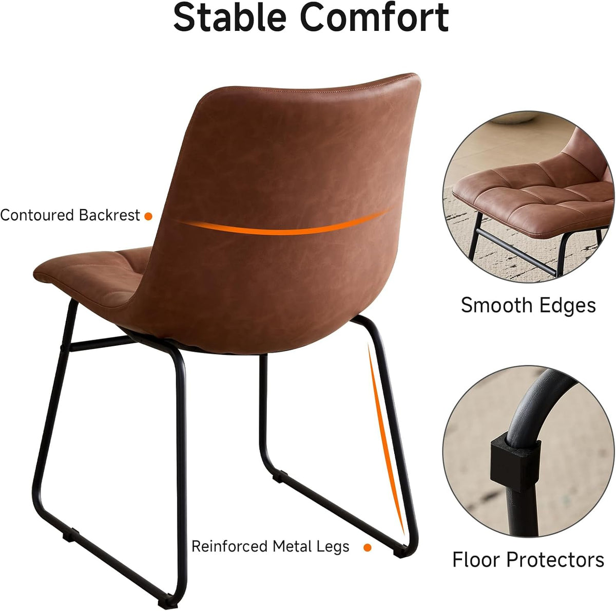 Dining Chairs Set of 4 Faux Leather Cushion Kitchen Chair, Brown | Synthetic Leather Upholstered Dining Room Chairs with Ergonomic Seat Metal Sled Legs for Dining Living Room Home