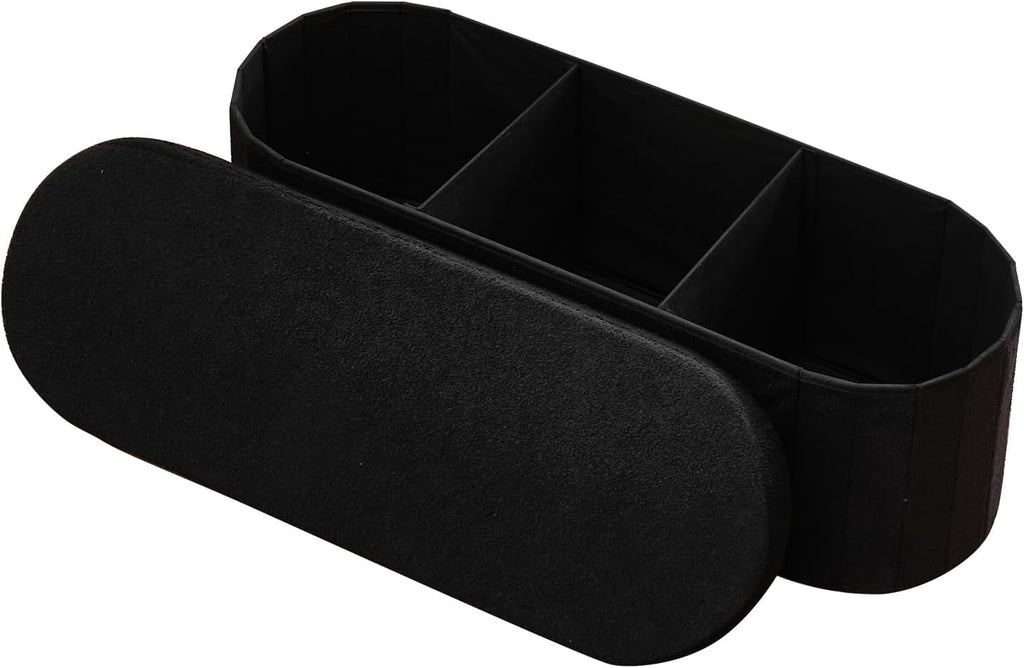 VEVOR Oval Storage Ottoman Bench, Foldable Teddy Fleece End of Bed Bench, Folding Upholstered Bed Ottoman Chest with Large Storage Space, Supports 660 lbs, for Living Room, Bedroom, Entryway, Black
