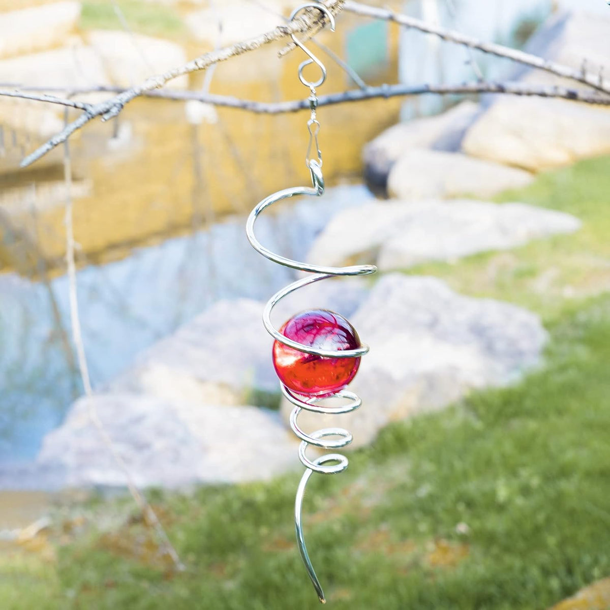 Gazing Ball Spiral Tail Wind Spinner Stabilizer, Garden Decorations Stainless Steel Metal with Hook & Red Crystal Glass Orb Outdoor Hanging Decor Kinetic Yard 3D Swivel Art Sun Catchers