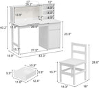 MOUMON Drafting Table and Chair Set, Artist Desk with 0-40° Tilting Top and Hutch, Solid Wood Legs, Drawer and Storage Cabinet, White 43.3”W x 18.9”D x 40.2”H