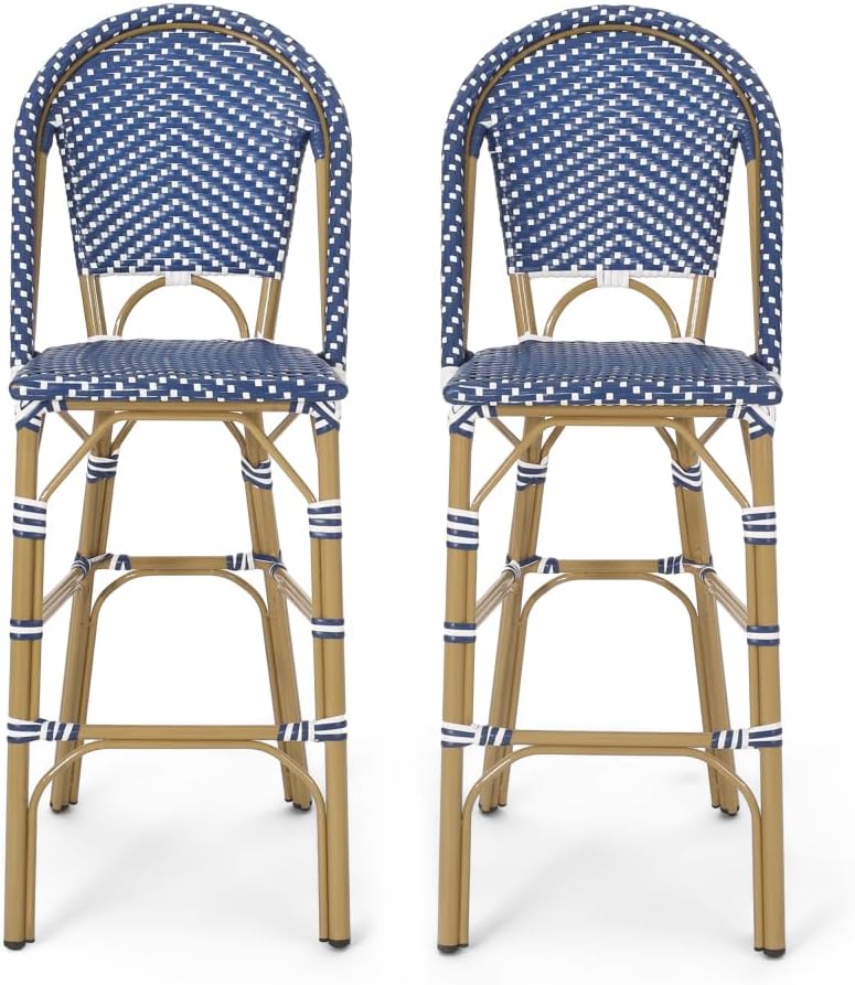 Saiveina 29.5" Outdoor PE Rattan French Barstool, White and Black, Aluminum Frame with Bamboo Finish (Set of 2)