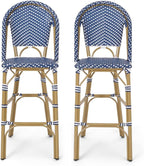 Saiveina 29.5" Outdoor PE Rattan French Barstool, White and Black, Aluminum Frame with Bamboo Finish (Set of 2)