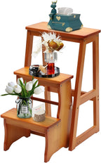 Folding Library Ladder Chair, Solid Wood Portable Multifunctional Step Stool, 3-Step Stool Stepladders, Display Stand and Flower Stand for Home (Brown)