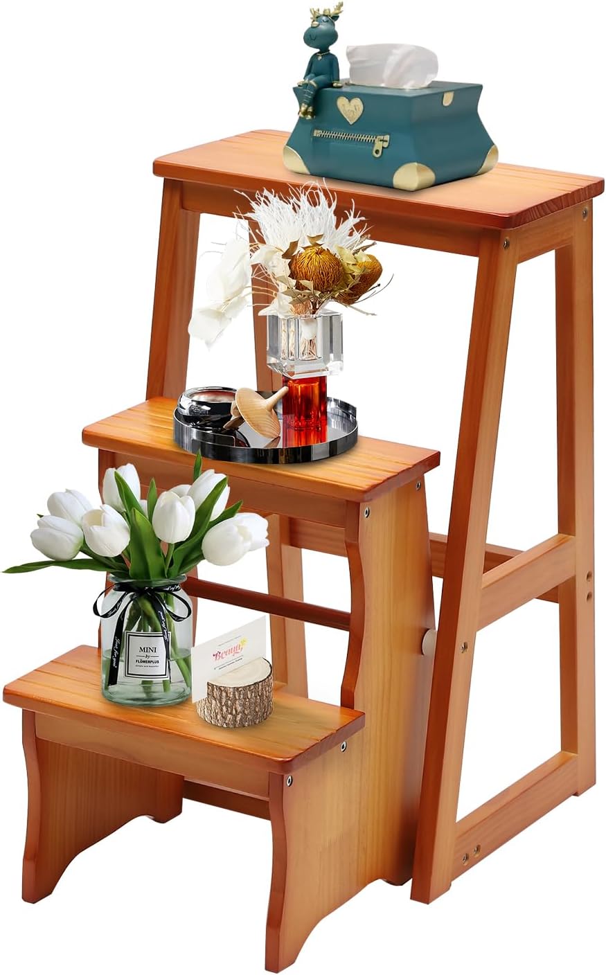 Folding Library Ladder Chair, Solid Wood Portable Multifunctional Step Stool, 3-Step Stool Stepladders, Display Stand and Flower Stand for Home (Brown)