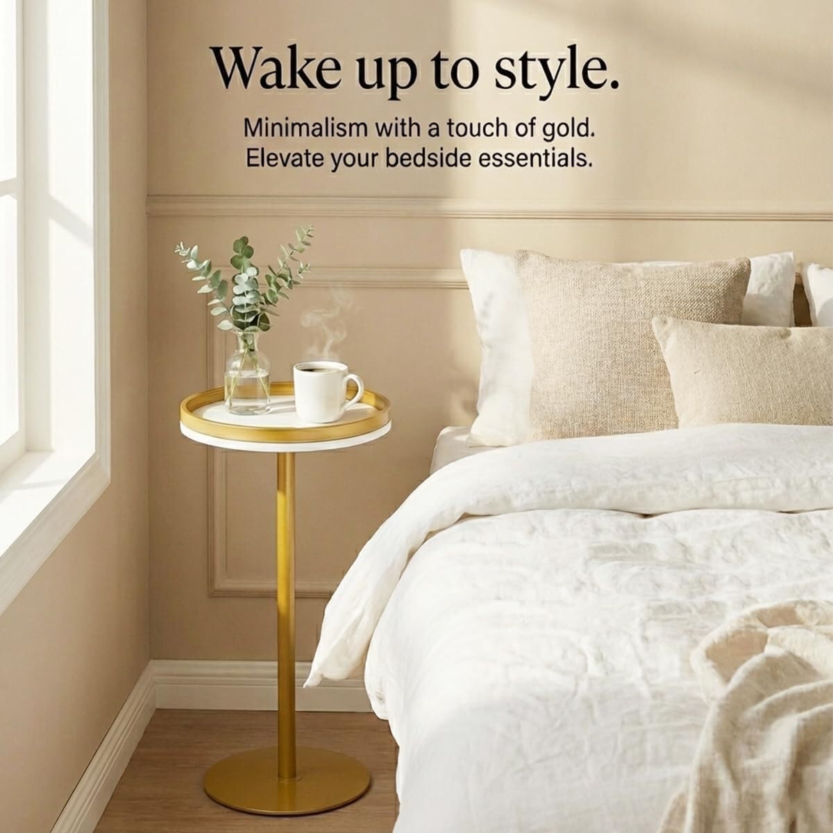 Martini Table, Small Round Drink Table with Weighted Base,Modern White & Gold Pedestal End Table with Tray Top Edge for Small Spaces, Living Room, Next to Sofa,24.7 "Tall