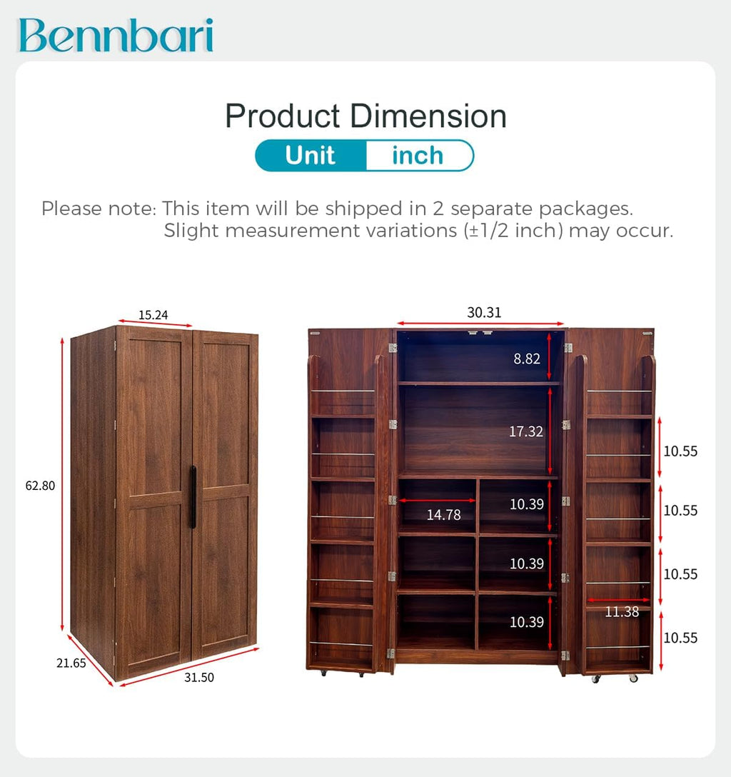 62.8" Tall Kitchen Pantry Cabinet with Shelves and Door Racks, Freestanding Food Cupboard Sideboard for Dining Room, Multifunctional Wooden Buffet Organizer (Walnut)