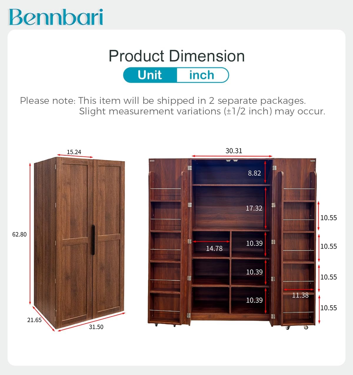 62.8" Tall Kitchen Pantry Cabinet with Shelves and Door Racks, Freestanding Food Cupboard Sideboard for Dining Room, Multifunctional Wooden Buffet Organizer (Walnut)