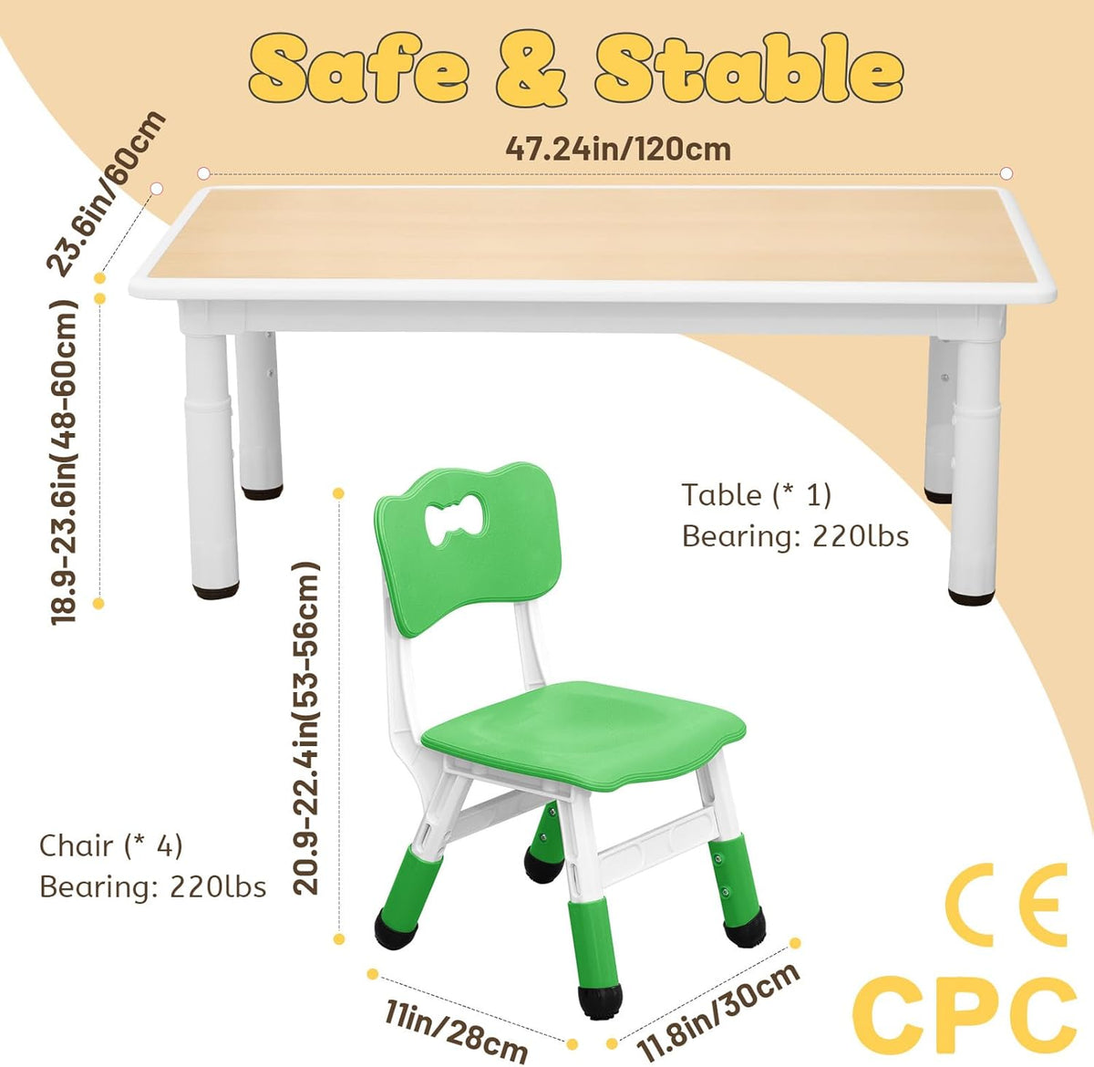 FUNLIO Kids Table and 4 Chairs Set and Adjustable Kids Chair (2pcs)，Easy to Wipe Arts & Crafts Table, for Classrooms/Daycares/Homes, CPC & CE Approved (5-Piece Set) - Multicolor