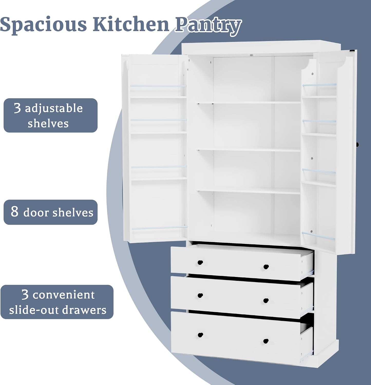 Merax 77” Pantry Cabinet, Kitchen Pantry Storage Cabinet with Drawers, Doors and Adjustable Shelves,Freestanding Buffet Cupboards Sideboard for Living Room and Dinning Room, White