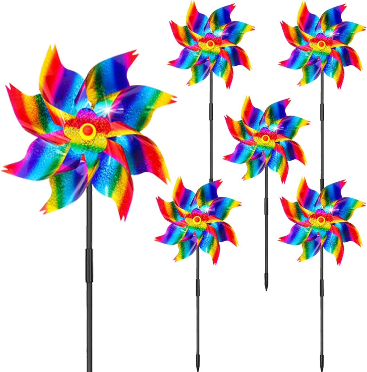 6Pcs Sparkly Pinwheels for Yard and Garden, Reflective Colorful Wind Spinners Yard Decorations Outdoor Windmill, 9.5in Garden Pinwheels to Scare Birds