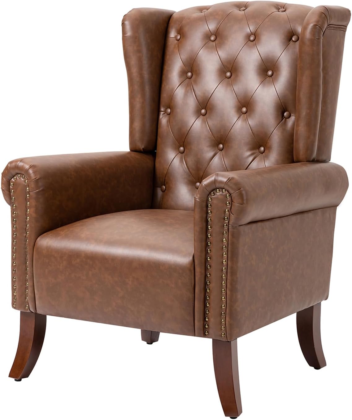 Faux Leather Accent Chair, Mid-Century Armchair Upholstered Club Sofa Chair with Wooden Legs, High Back Living Room Chair for Bedroom, Office, Lounge (Brown)