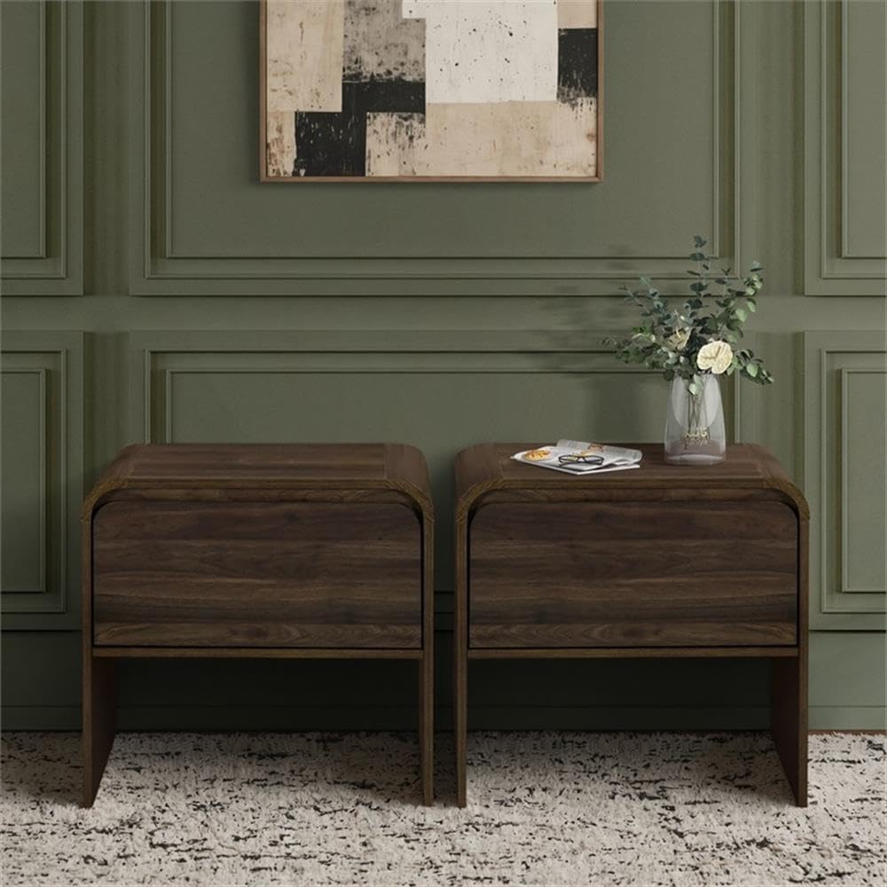 Pemberly Row Modern 2-Piece Wood End Table Set, Walnut Finish, 21.6 in W x 15.7 in D x 21.6 in H, Sturdy Eco-Friendly Build, Drawer Storage, Minimalist Style Bedside or Living Room Tables
