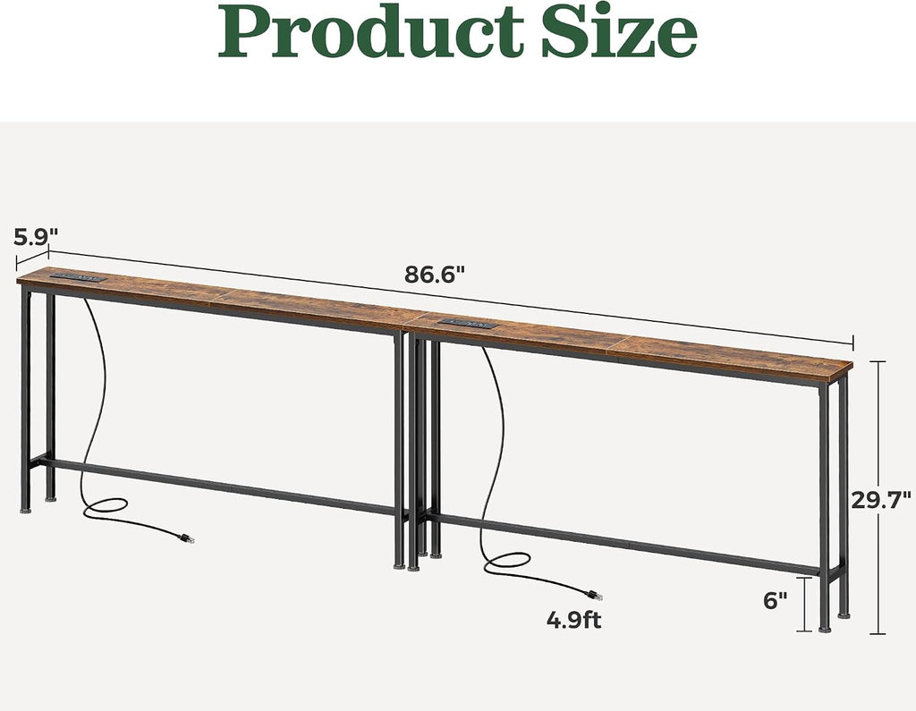 SUPERJARE 86.6 inch Narrow Behind Couch Table with Charging Stations | Power Outlet with USB-C Ports, Extra Storage Behind Sofa,Sofa Table Console Table for Entryway Living room, Rustic Brown