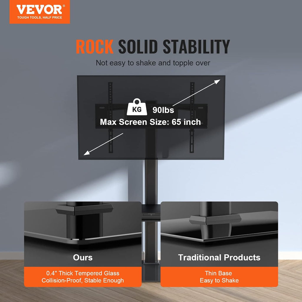 VEVOR TV Stand Mount, Adjustable Swivel Floor Stand for 32-65 Inch TVs, Portable with Tempered Glass Base, Height Adjustable for Living Room or Bedroom