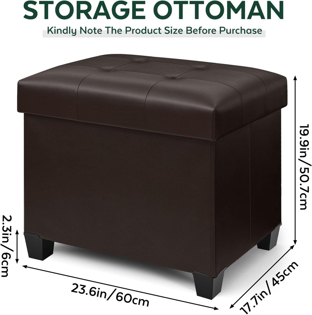 Ottoman with Storage, Rectangular Storage Ottoman, Faux Leather Ottomans with Legs for Living Room Bedroom Dorm, 23.6" D x 17.7" W x 19.9" H, Brown