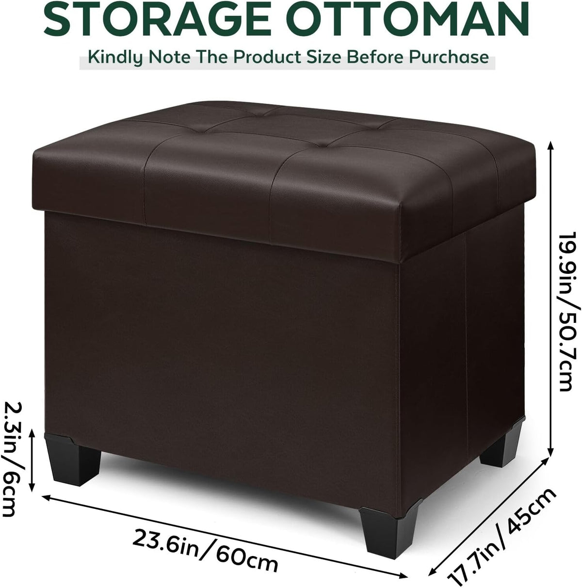 Ottoman with Storage, Rectangular Storage Ottoman, Faux Leather Ottomans with Legs for Living Room Bedroom Dorm, 23.6" D x 17.7" W x 19.9" H, Brown