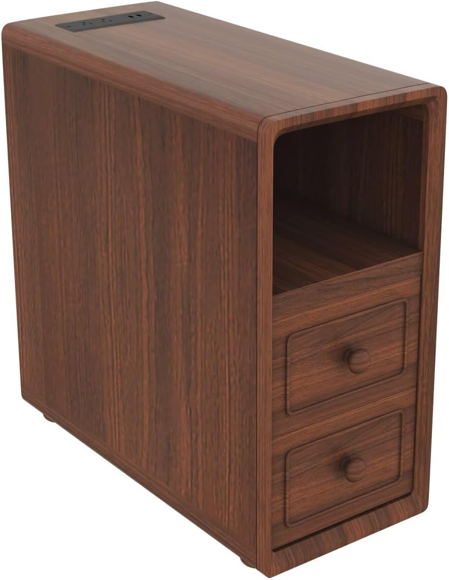 JIJIWANG Tall End Table with Drawers, 47.2" Corner Shelf Table with Open Storage, Narrow Side Table for Bedroom Living Room Small Space, Walnut