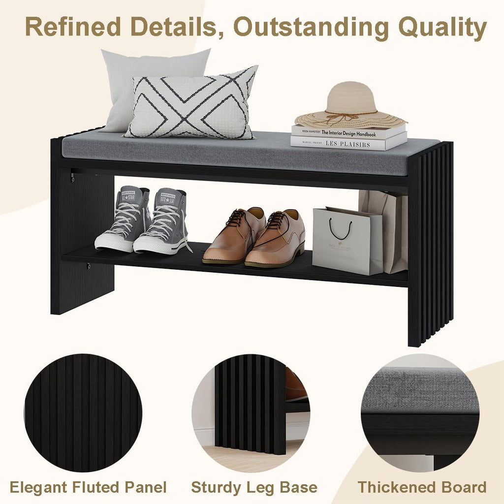 BON AUGURE 40" Entryway Shoe Bench with Storage & Cushion, Modern Fluted Shoe Rack for Mudroom, Sturdy Wooden Hallway Bench with 360 lbs Capacity, Black Oak