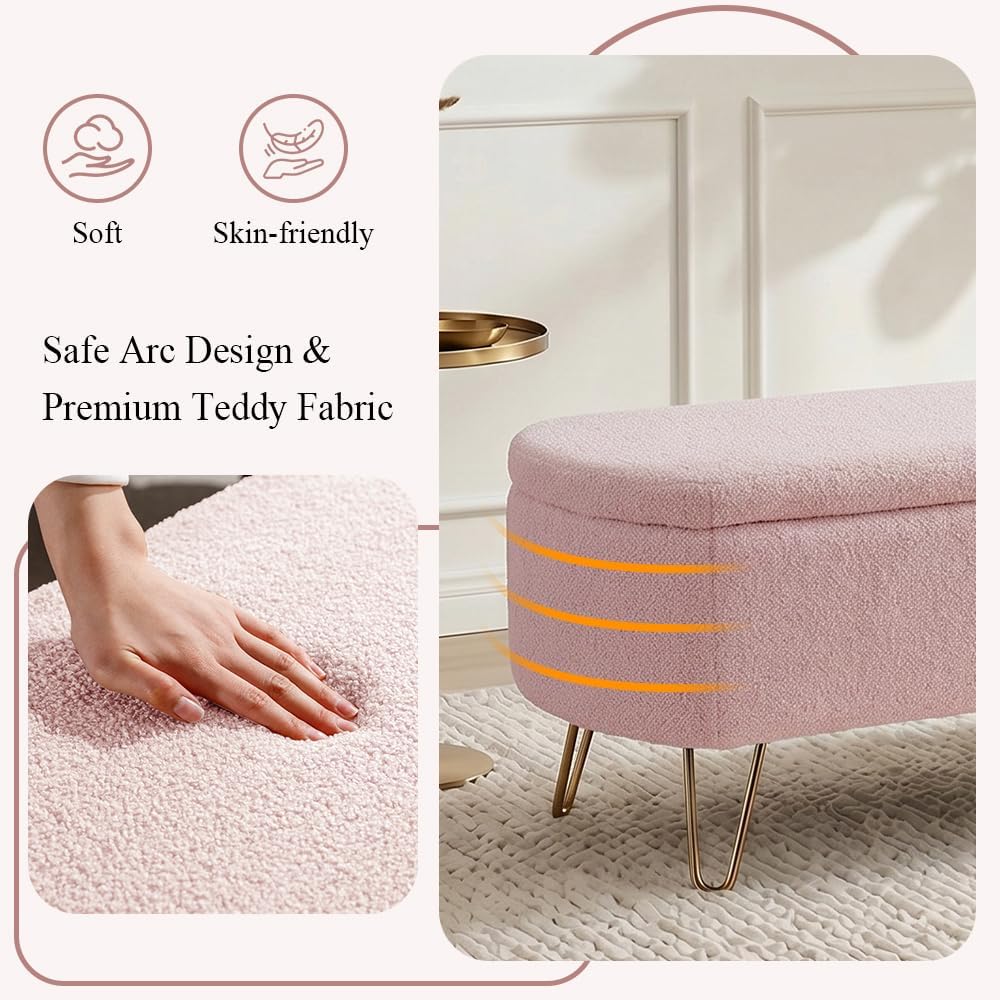 Modern Storage Ottoman Bench, Teddy Upholstered Entryway Bench with Gold Legs, Vintage End of Bed Bench with Safety Hinge, Padded Bench with Storage for Living Room, Bedroom, Entryway (Pink)
