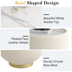 Modern Round End Table, Elegant Bowl Shaped Accent Sofa Side Table with Sintered Stone Tabletop & Pleated Leatherette Details, Small Round End Tables for Living Room Bedroom Apartment Office, White