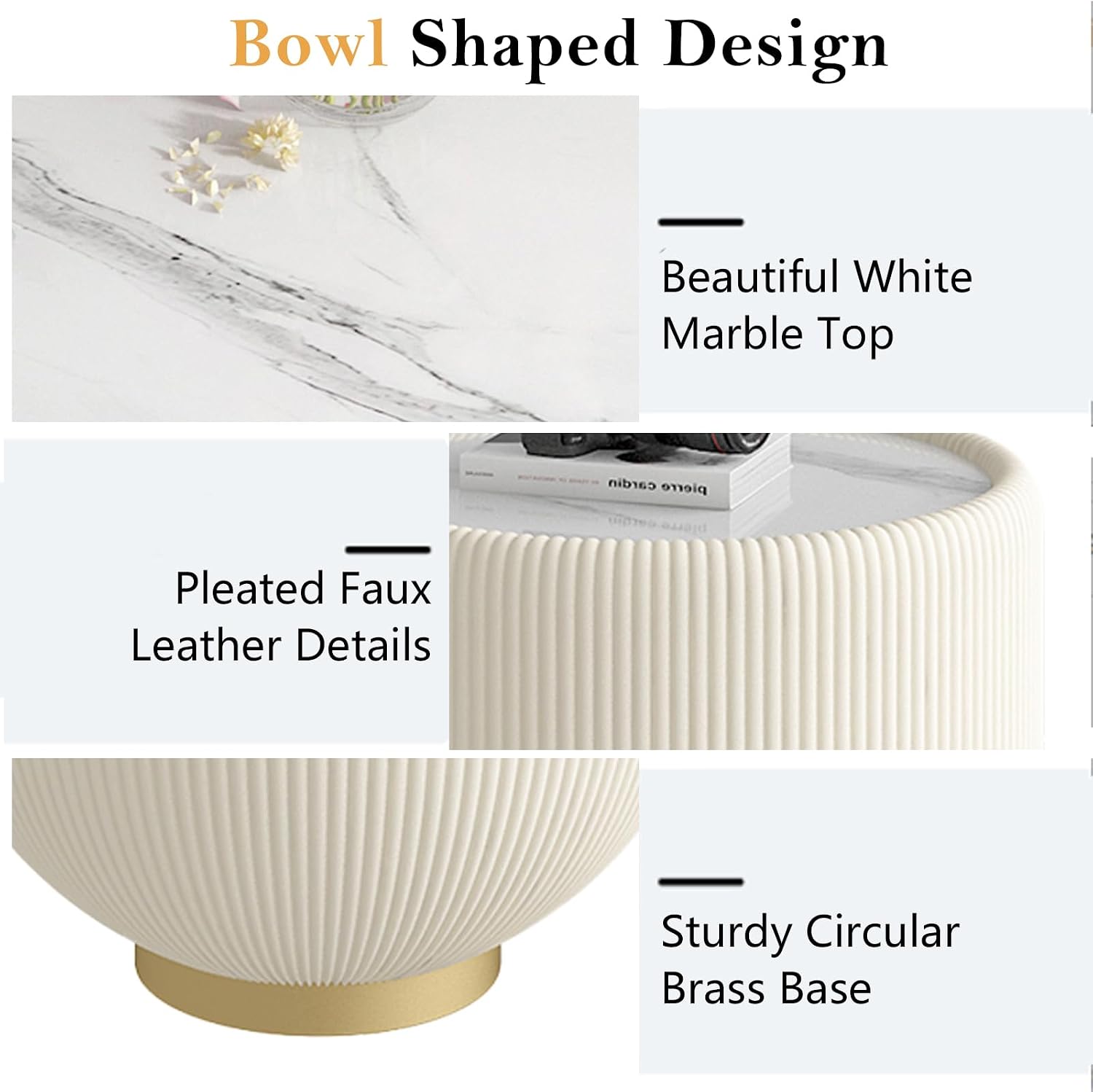 Modern Round End Table, Elegant Bowl Shaped Accent Sofa Side Table with Sintered Stone Tabletop & Pleated Leatherette Details, Small Round End Tables for Living Room Bedroom Apartment Office, White